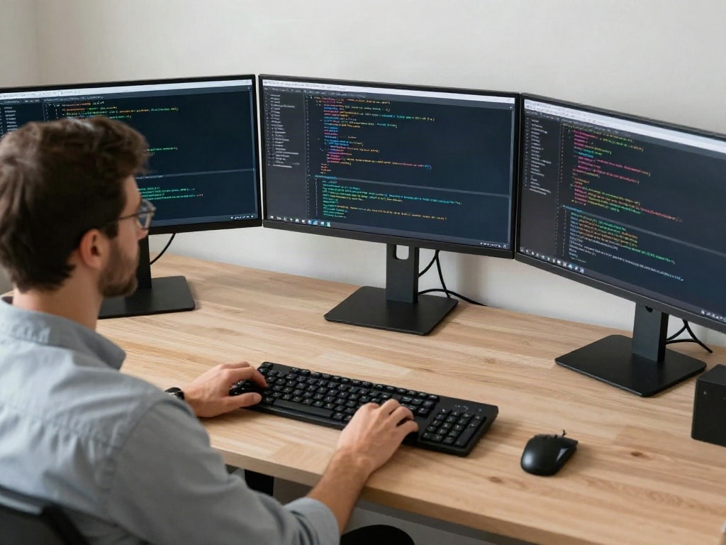 drei Monitore Arbeitsplatz